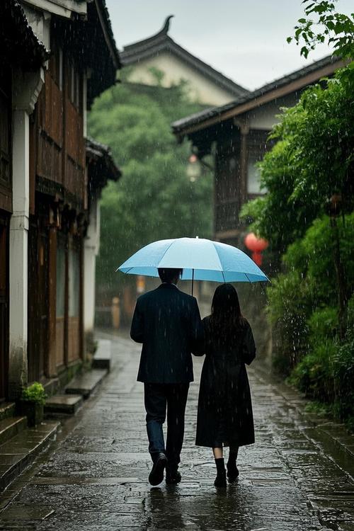 年轻情侣在雨中同撑一把透明伞漫步街头