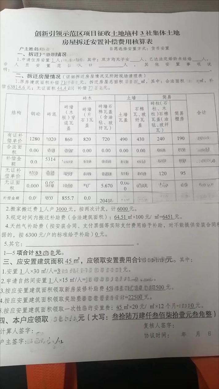 农村集体土地房屋拆迁补偿核算明细单实拍