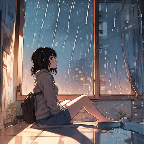 一个人坐在窗边看着雨沉思的背影插画