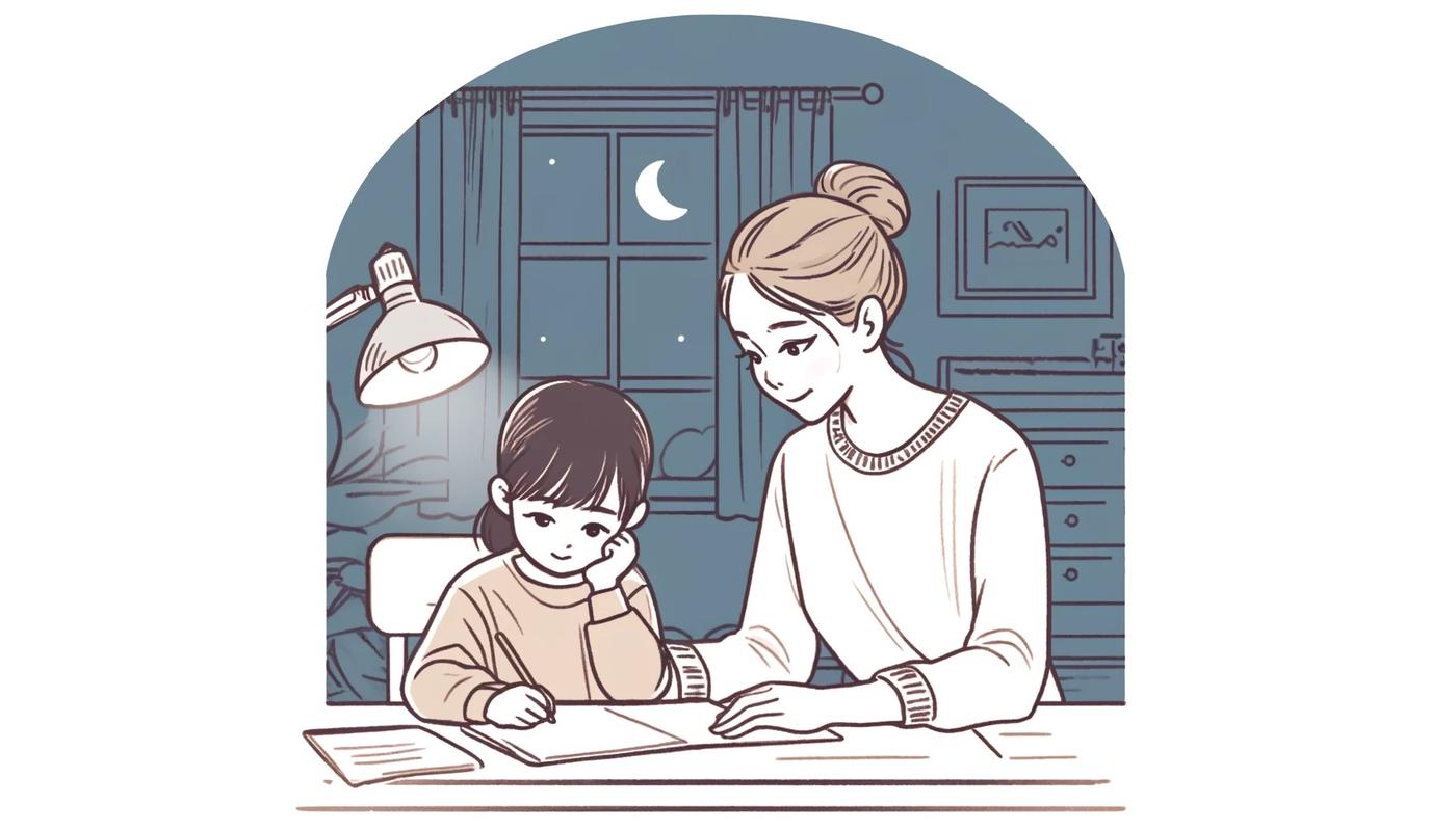 客厅里孩子趴在书桌上皱着眉头写作业,妈妈坐在旁边指着作业本