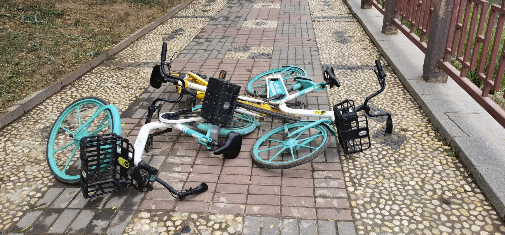人行道歪倒占道的共享单车实拍