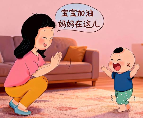 妈妈焦急看着宝宝学走路