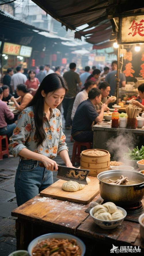 街头摄影师近距离用广角镜头拍摄小吃摊操作细节