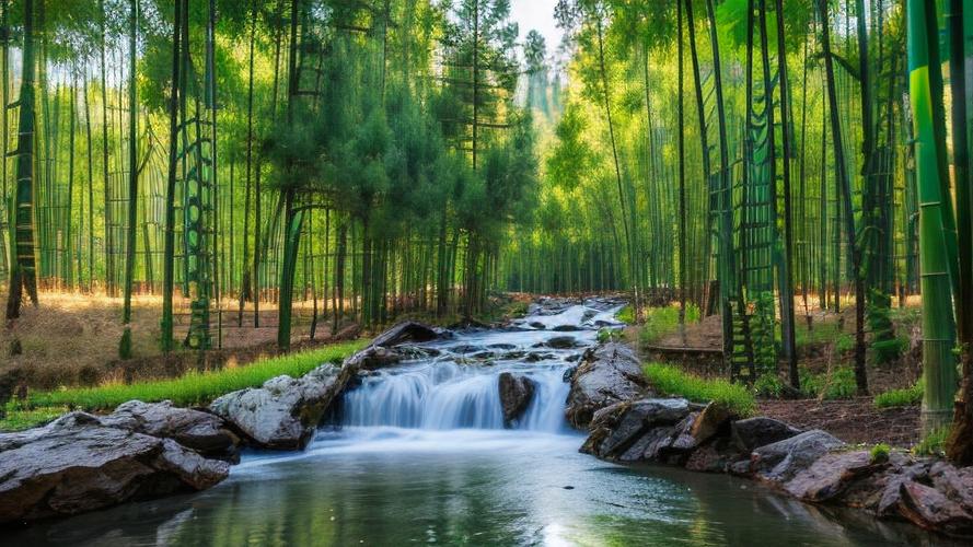 石堰村溪水竹林全景