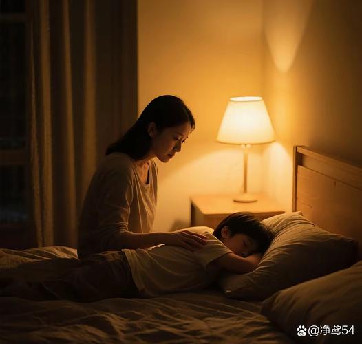 妈妈抱着宝宝在昏暗房间哄睡场景图