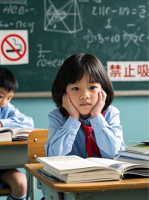 小学生课间独自坐在座位看着其他同学玩闹表情落寞