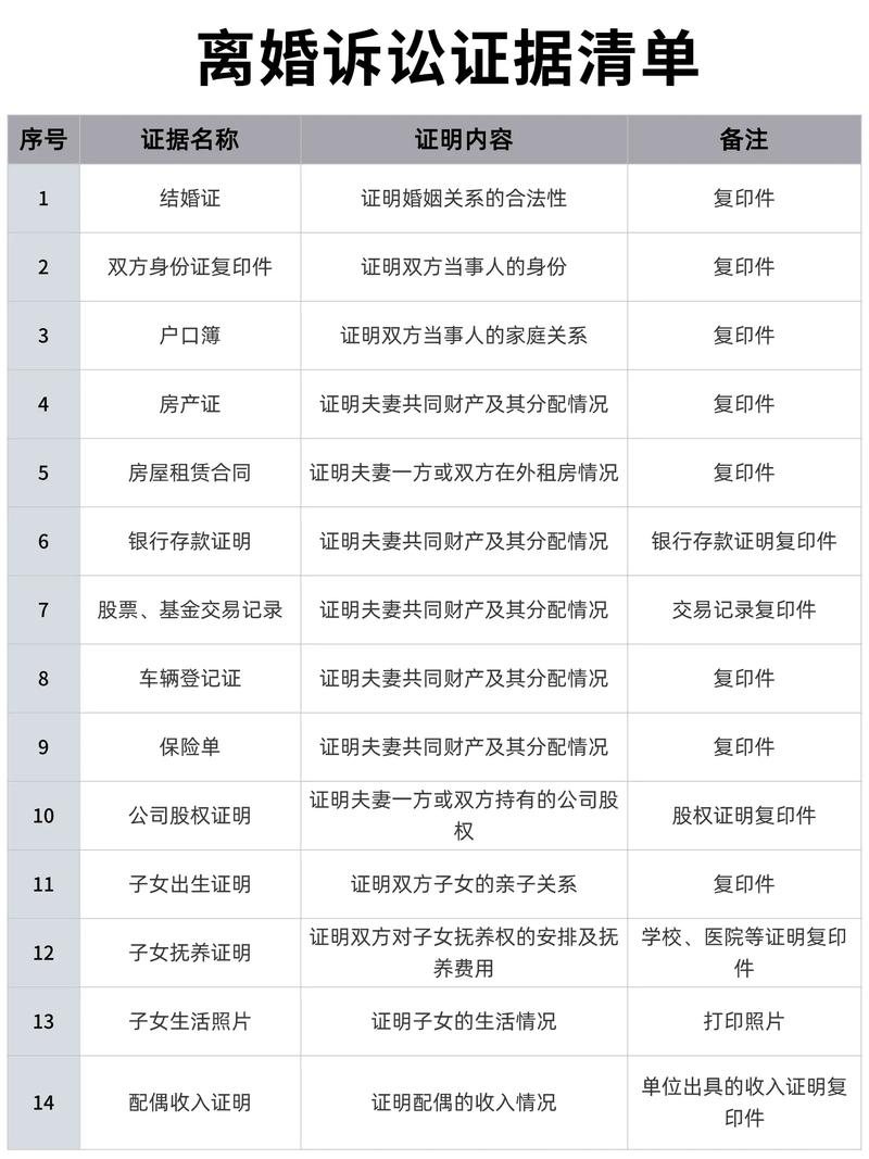 离婚损害赔偿诉讼证据链清单表格