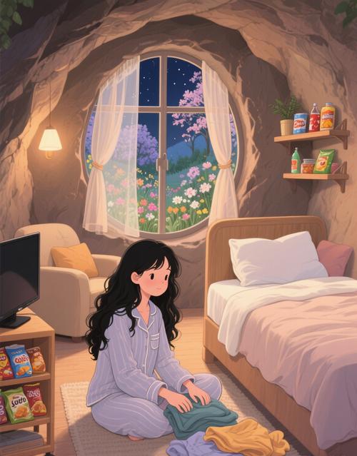 小孩蜷缩在被窝里窗外闪电照亮的卧室 插画风格