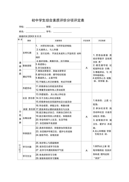 初中生综合素质评价档案表格示例