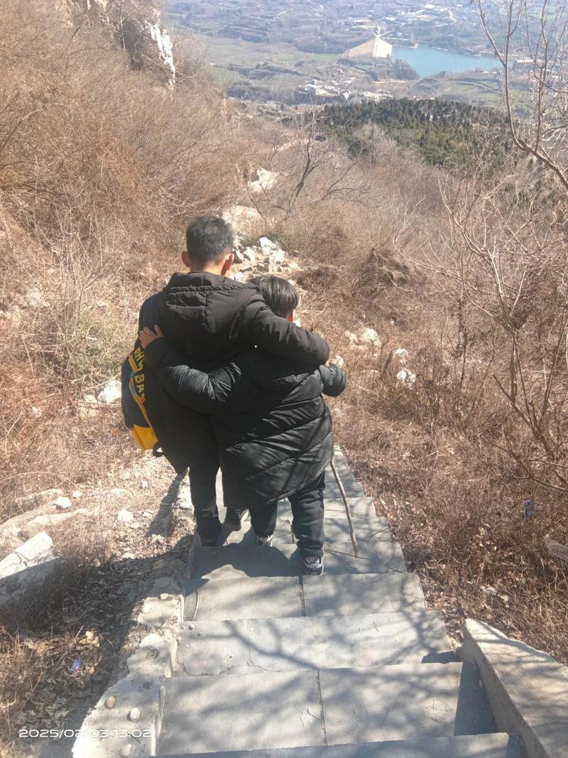 父亲和儿子在登山时使用指南针观察地形