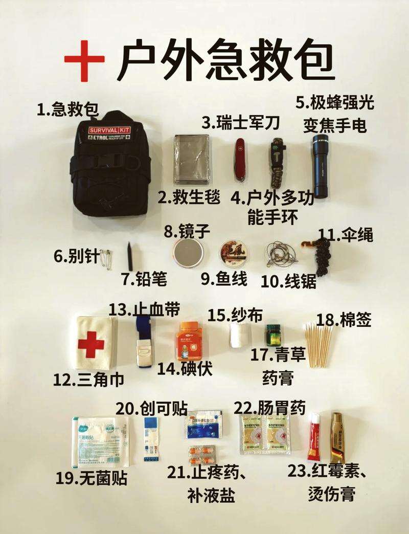 户外出行便携急救包物品分类整理图