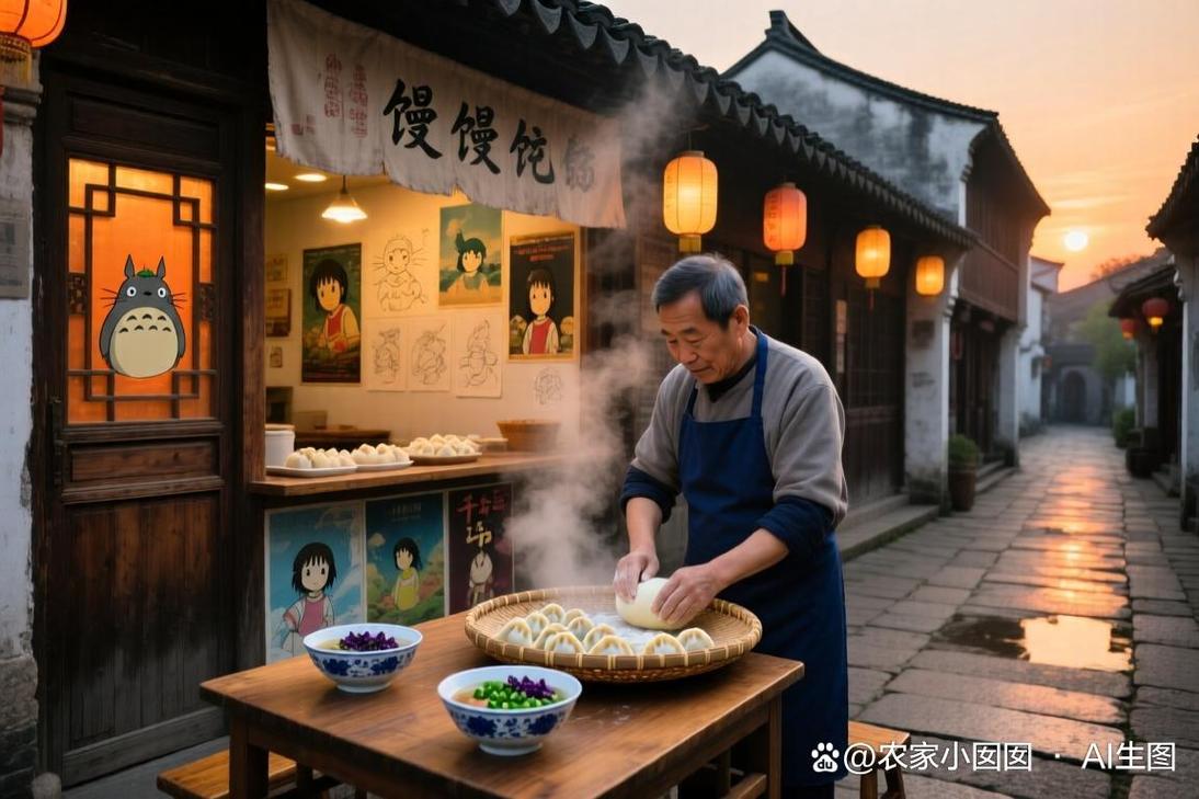 南京老门东街边馄饨店长条桌围坐聊天的场景