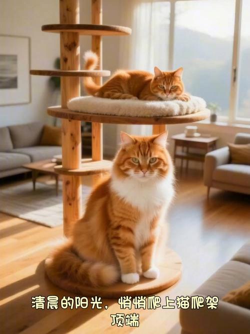 成年橘猫蹲客厅最高猫爬架顶端睡觉场景