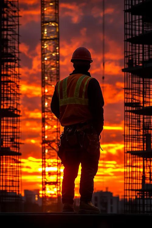 建筑工人佩戴安全帽在工地仰望高层建筑，夕阳剪影，象征职业上升