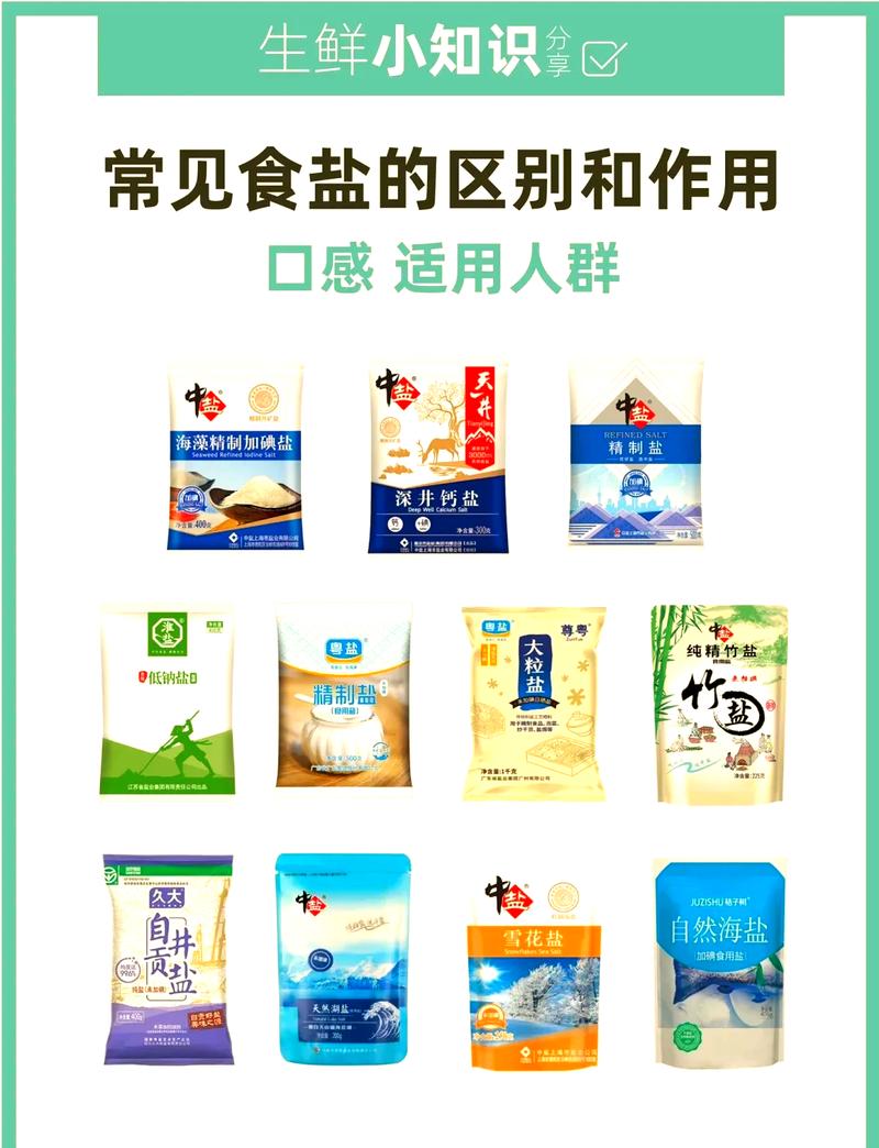 不同种类食盐对比展示小碟子