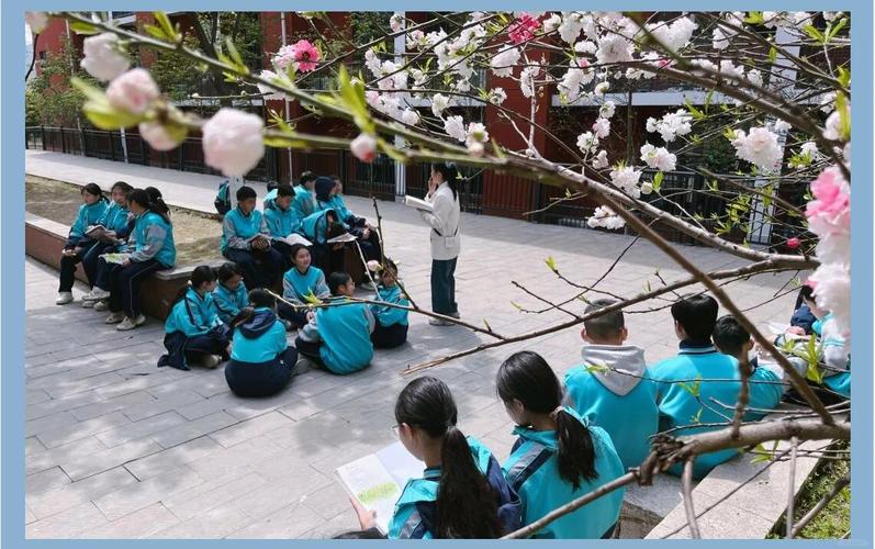 初中语文课堂学生户外寻春教学实拍图