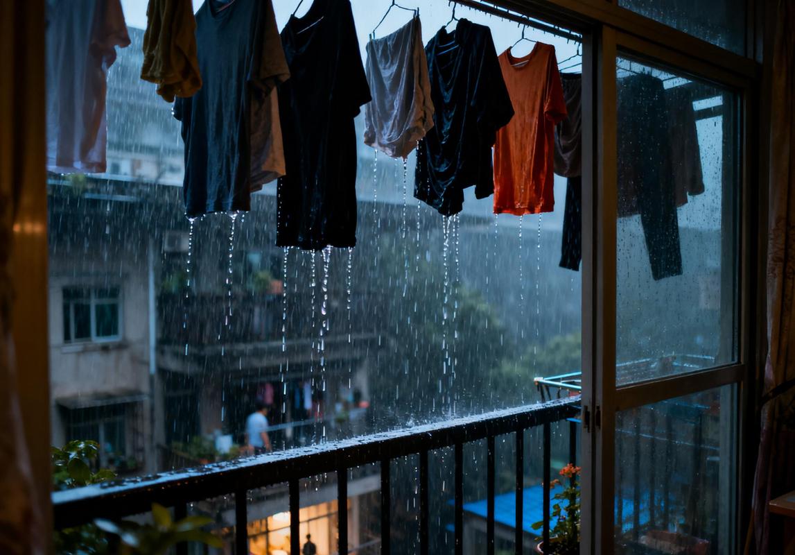 梅雨季阳台挂满淋湿衣物场景