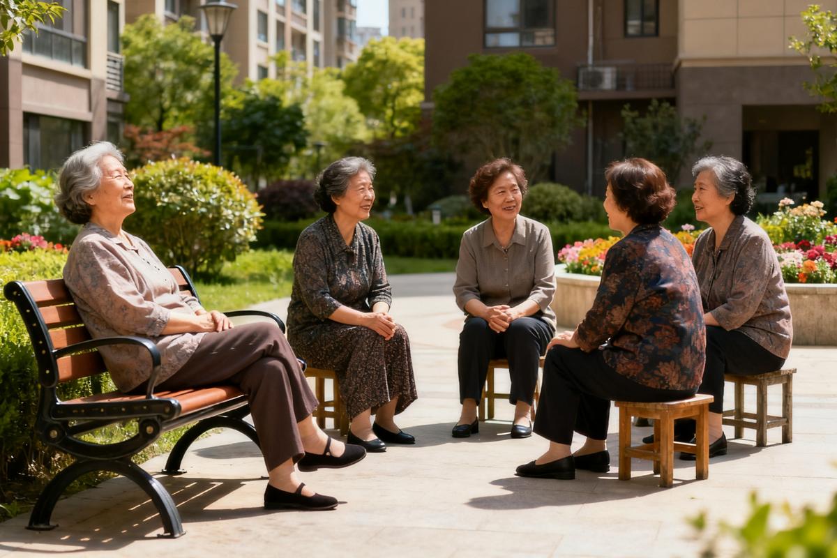 退休法官在小区楼下和邻居聊天的场景图