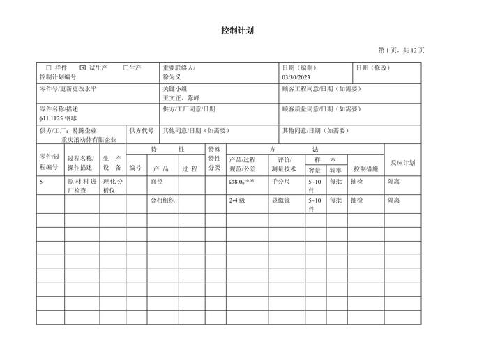 过程控制计划反应计划样例表格