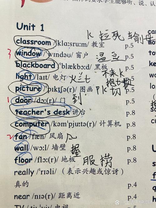 小学生手写中文谐音标注的英语课本内页
