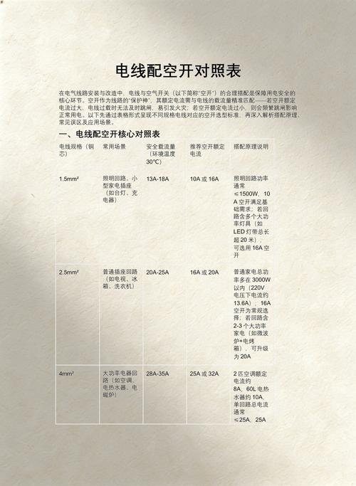 家装电线与空开匹配标准对照表