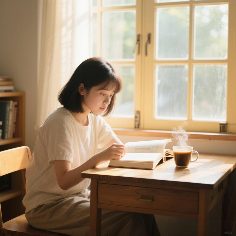 一个女性在窗边安静地剥豆子，阳光柔和