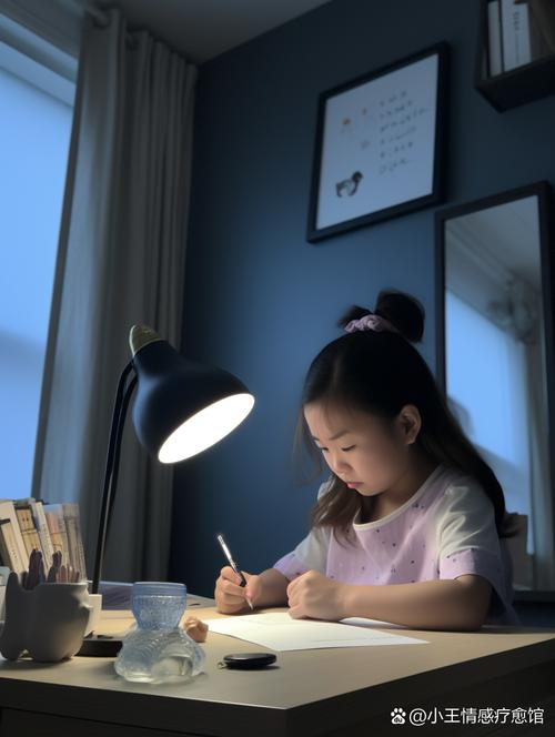 孩子书桌台灯下画画的背影