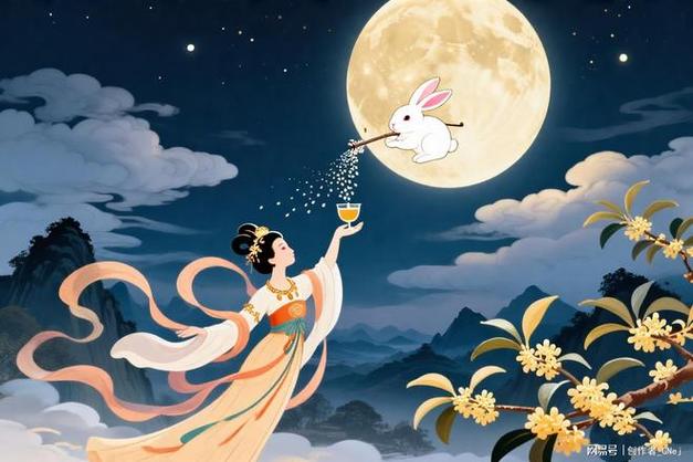 中国古代画作中秋月夜桂花与玉兔
