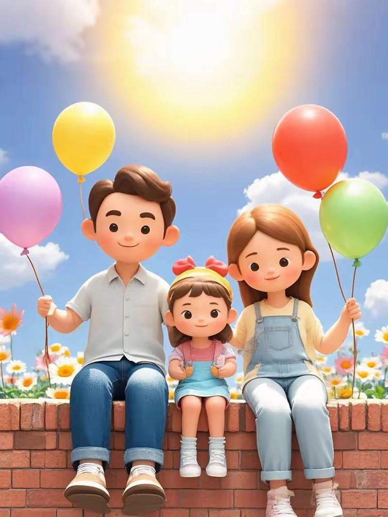 一家三口一起手绘家庭口号的亲子活动照