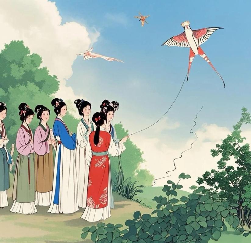 小学语文课文《红楼春趣》放风筝场景手绘插图