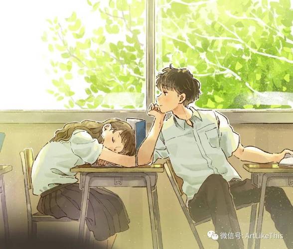高中教室窗边男孩偷看女孩的青春悸动插画
