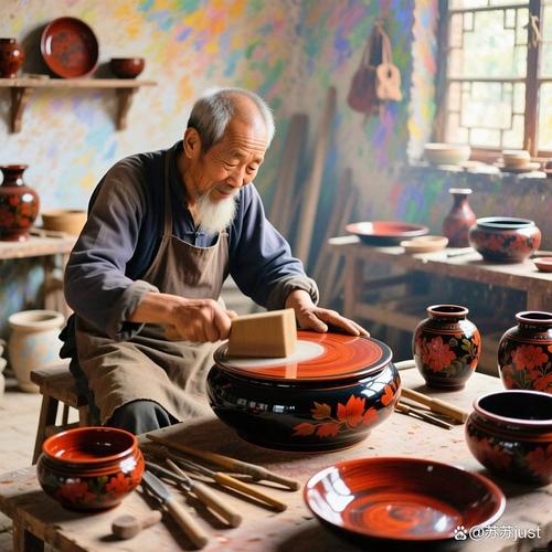 山西平遥古城深巷手工推光漆器作坊场景