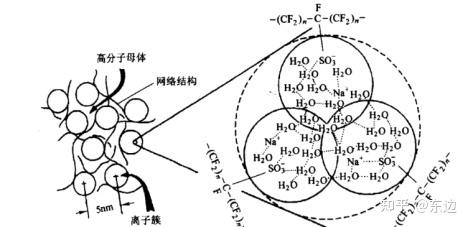全氟磺酸质子交换膜分子结构亲水疏水相分离示意图