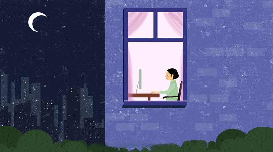 深夜办公室加班孤独背影手绘风