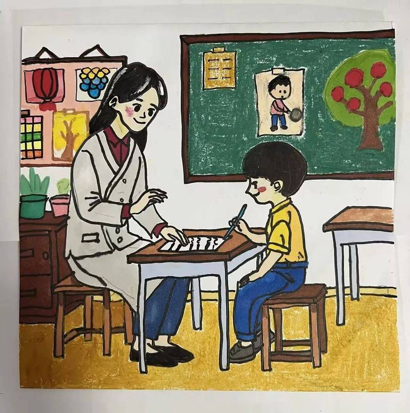 送教上门老师指导脑瘫儿童握笔绘画场景