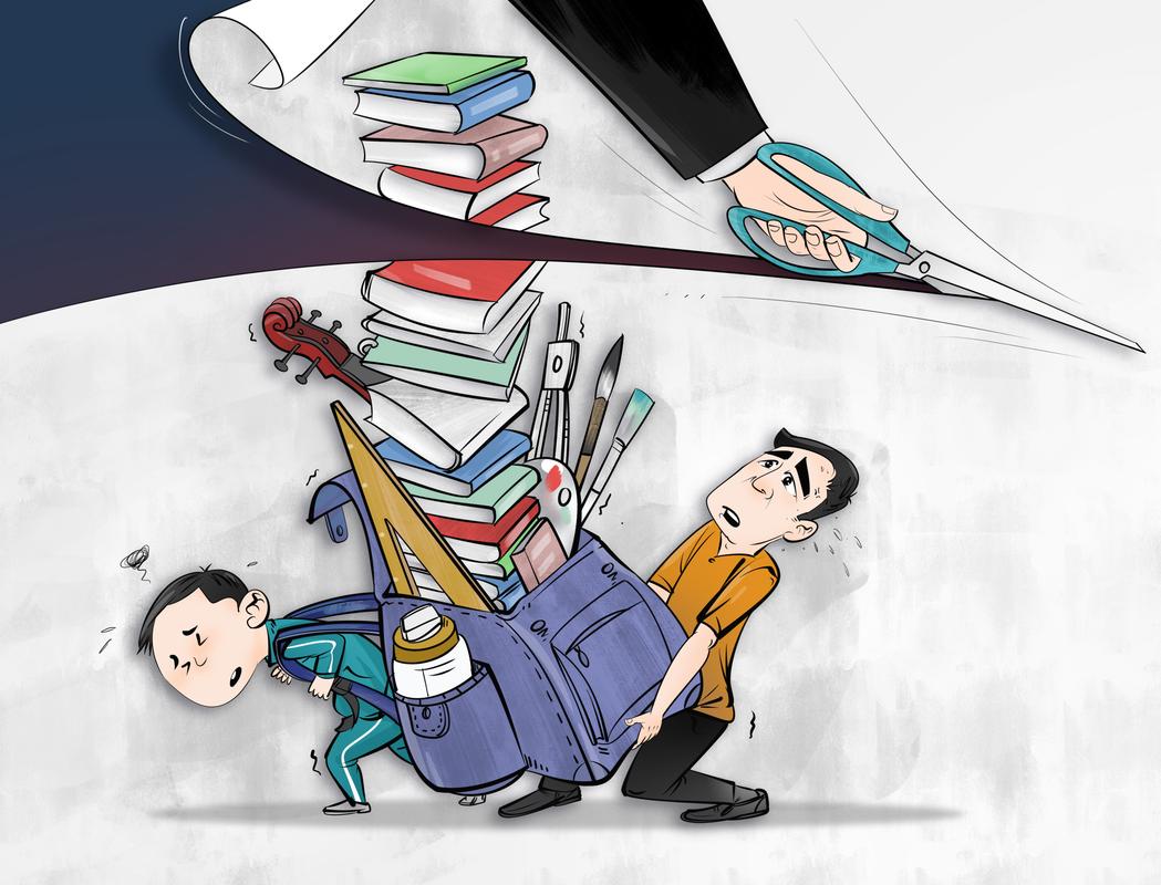 极端教育下孩子背着沉重书包的插画