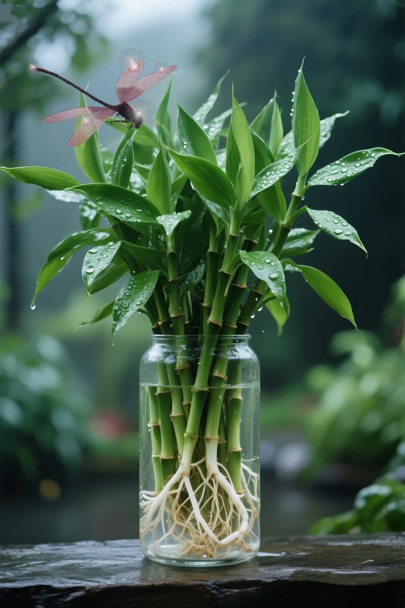 玻璃瓶中水培植物白色根系特写
