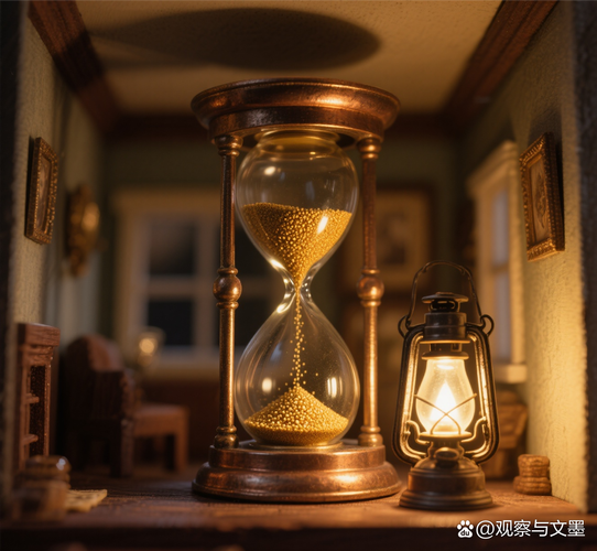夜晚台灯下沙漏温暖光影特写