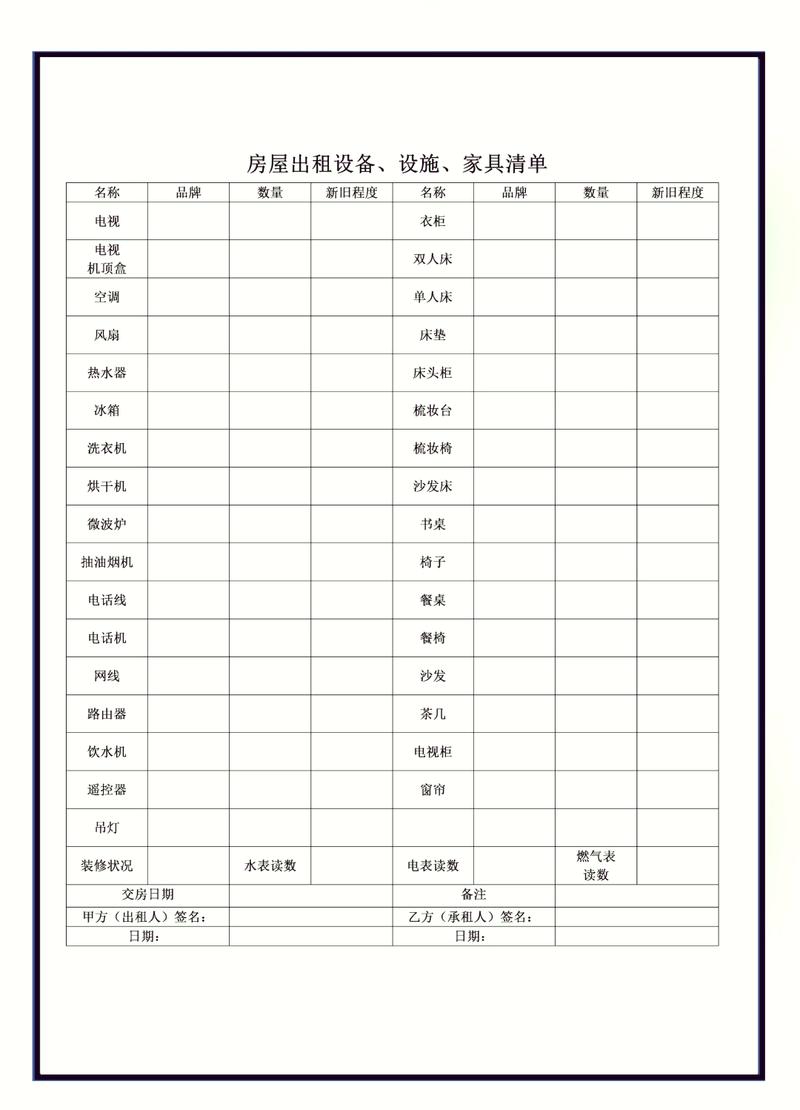 房屋租赁财产损害设施清单模板