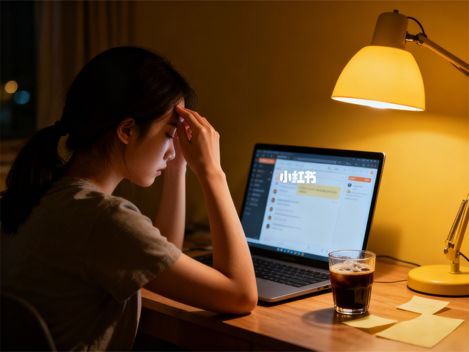 自媒体创作者深夜对着电脑后台数据皱眉的实拍图