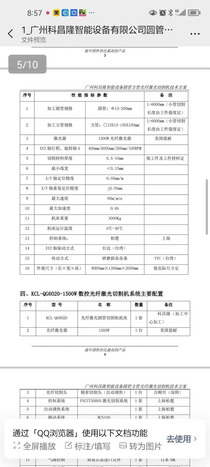 切管机重要部件配置清单对比