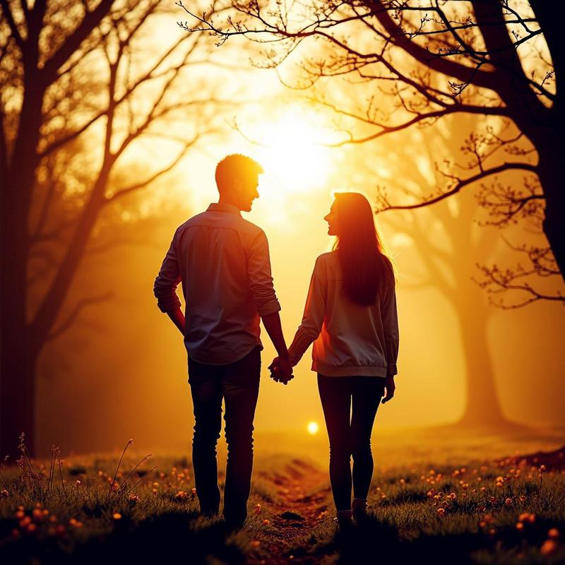 情侣在公园追逐的背影