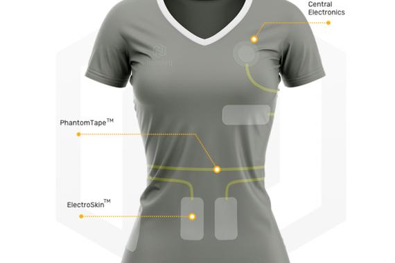 柔性纤维传感器嵌织在衣服内层的特写