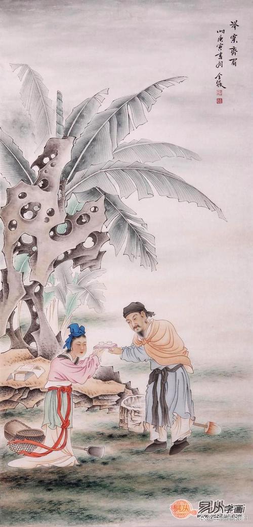 汉代梁鸿孟光举案齐眉工笔重彩画