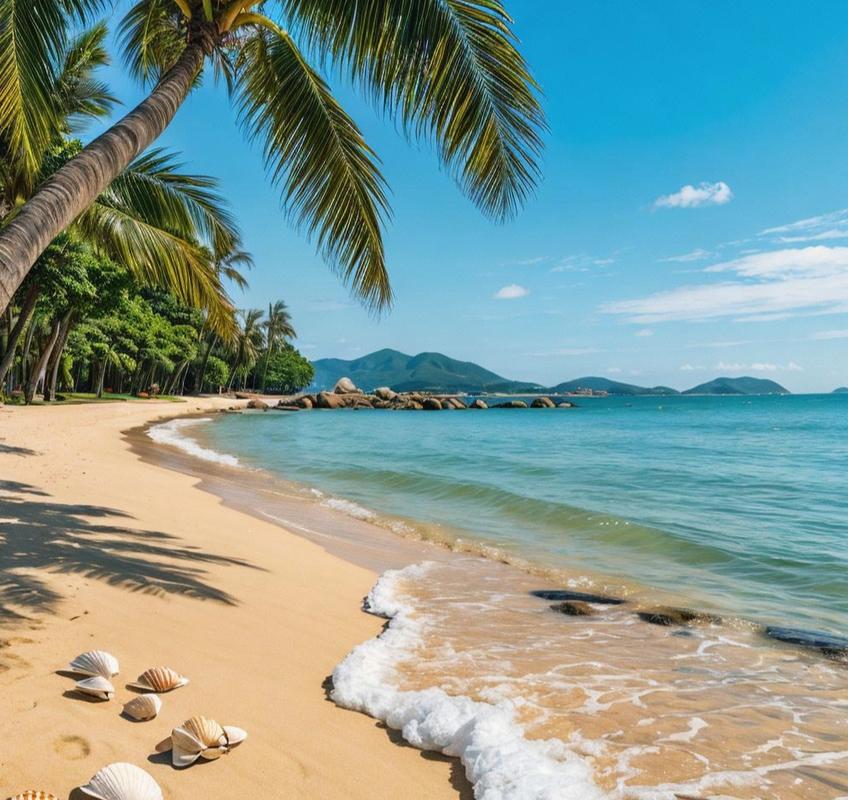 中国海南省三亚亚龙湾椰林沙滩清晨全景