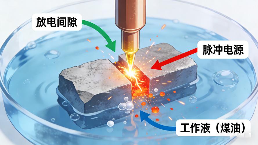 电火花加工间隙放电腐蚀原理示意图