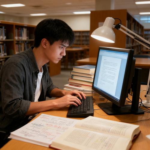 留学生深夜在图书馆赶论文