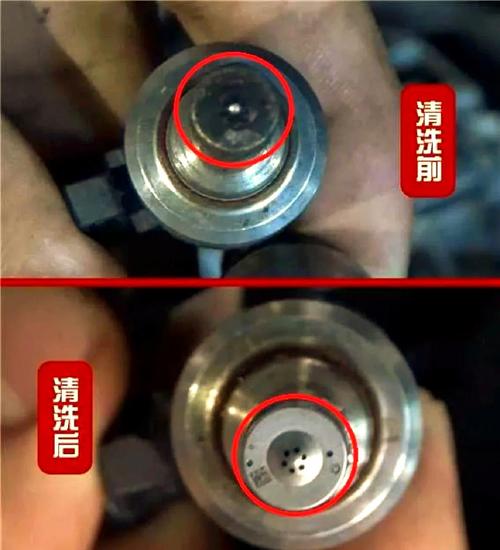 汽修师傅手持脏堵汽车喷油嘴对比全新配件
