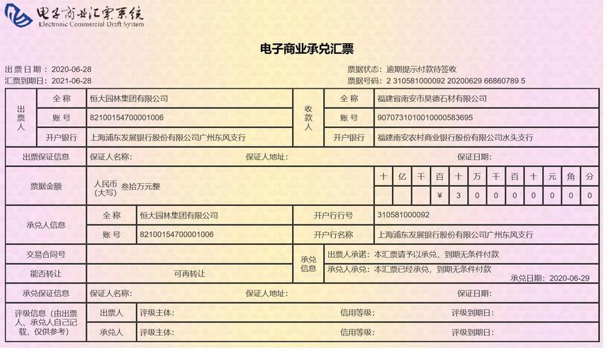 商业承兑汇票到期拒付记录单据