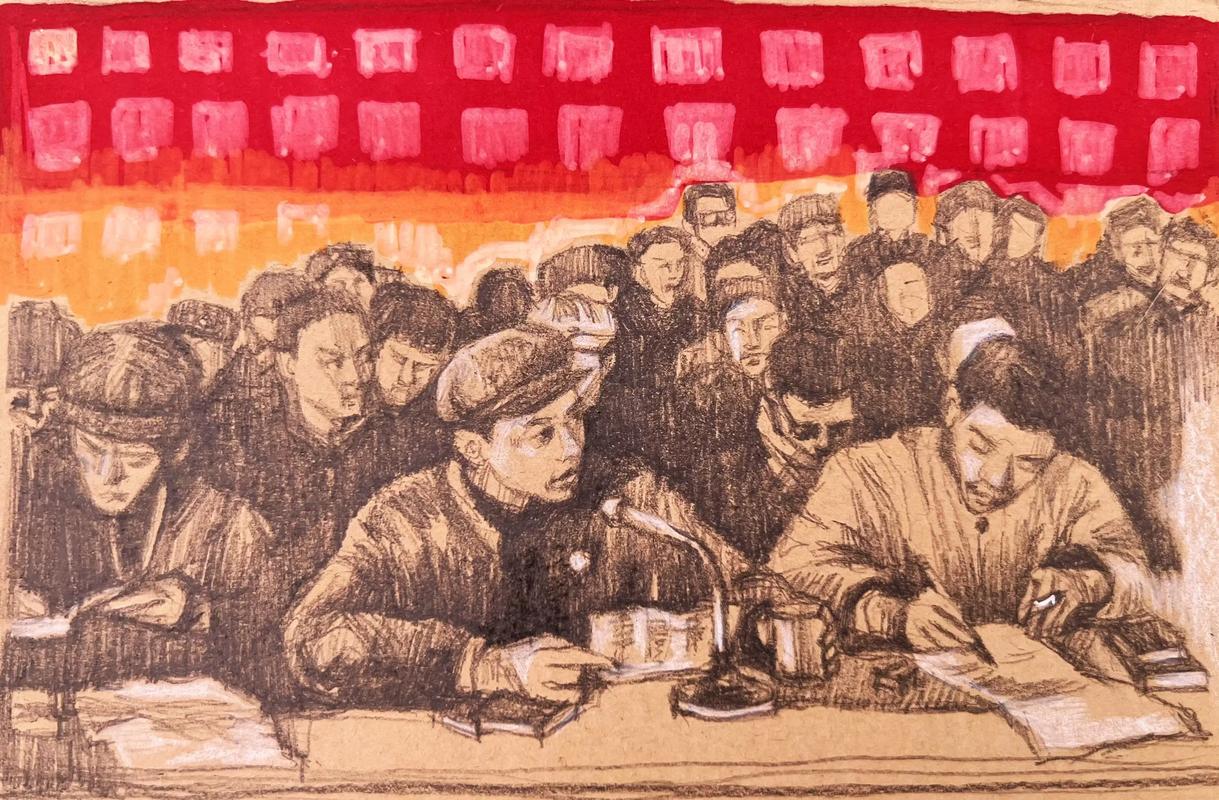 艺术家绘制远程工作者疲惫参加视频会议